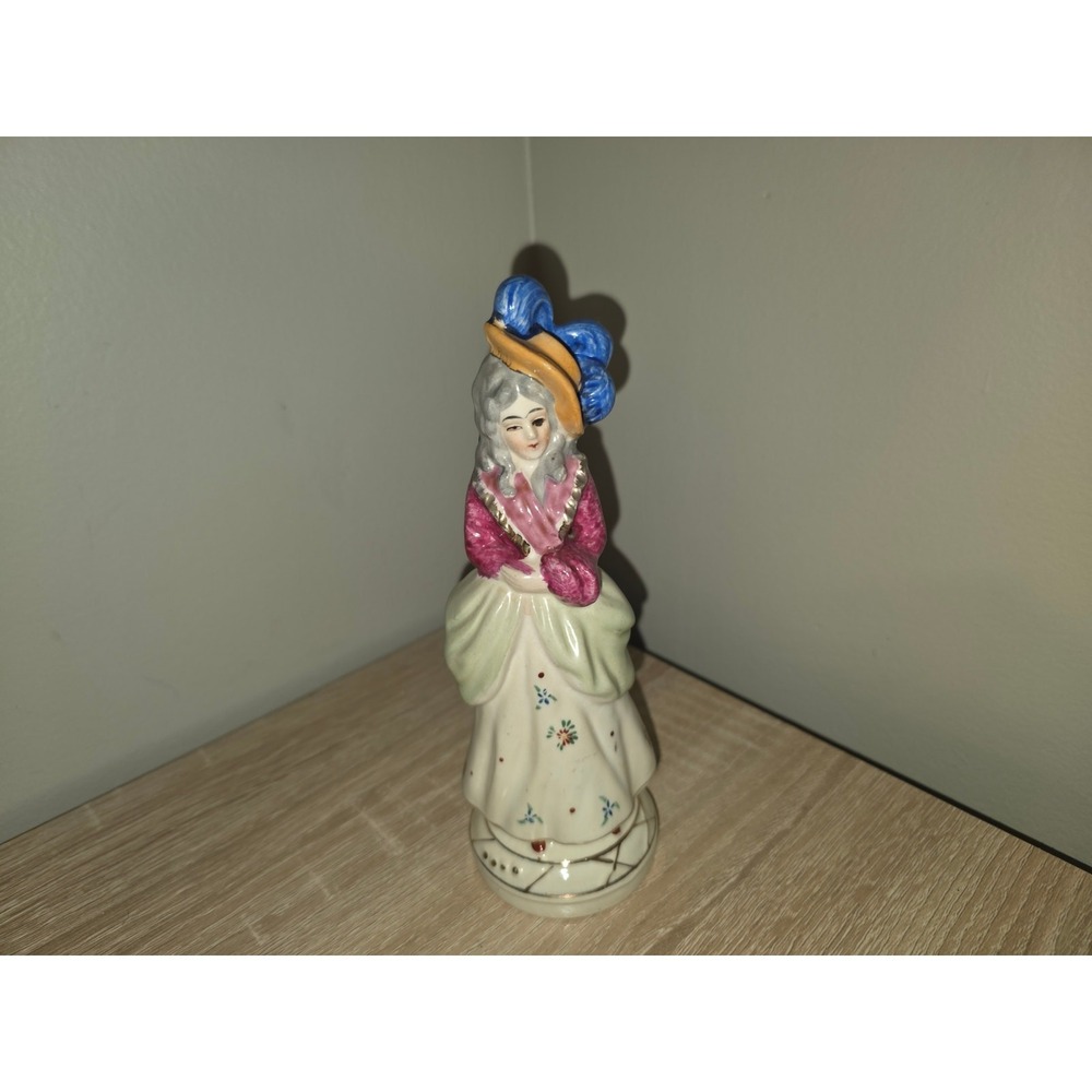 Vintage Occupied Japan Colonial Lady Ceramic Figurine Magenta Green Blue Hat